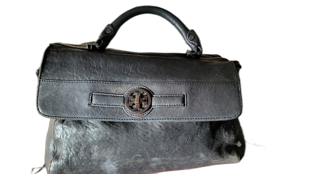 Tory Burch Audra Glazed Leather Black Satchel Bag